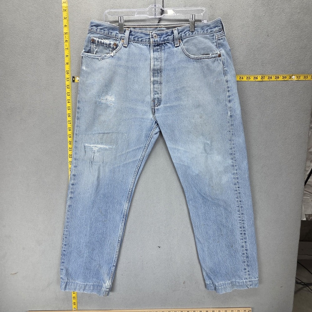 Vintage Levis 501 Jeans Mens Blue Straight Button Fly USA Altered Hem Fits 34x28